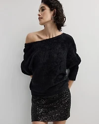 Long-Sleeve Boat-Neck Feather-Yarn Pullover