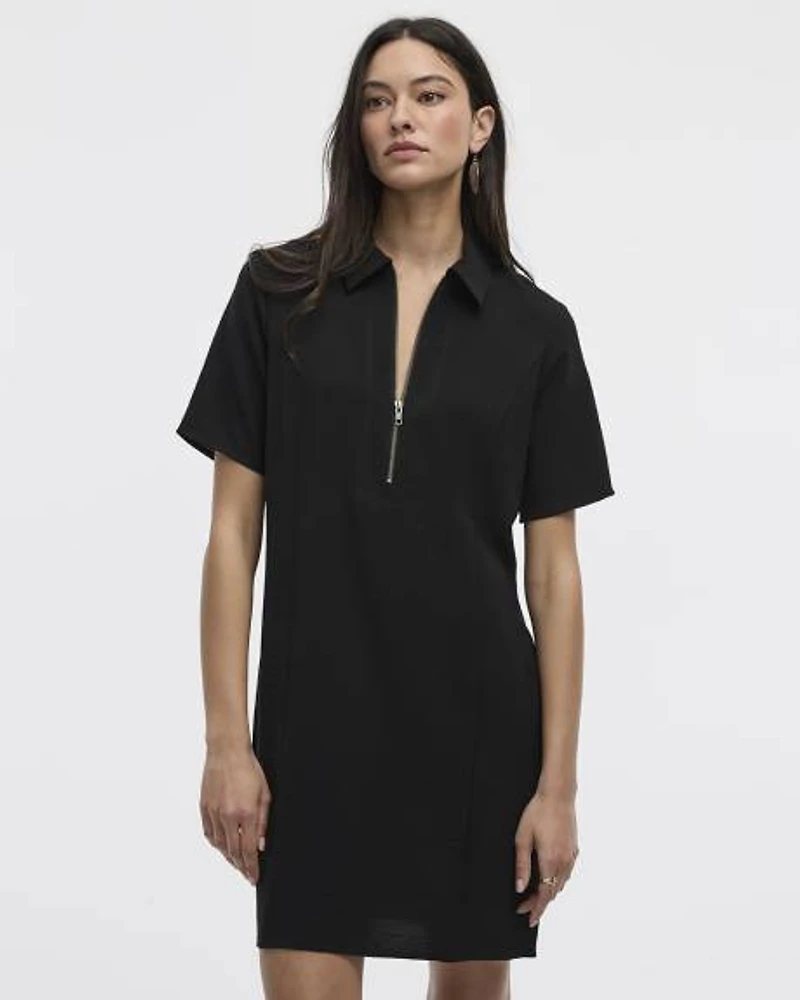 Short-Sleeve Satin Dress with Shirt Collar