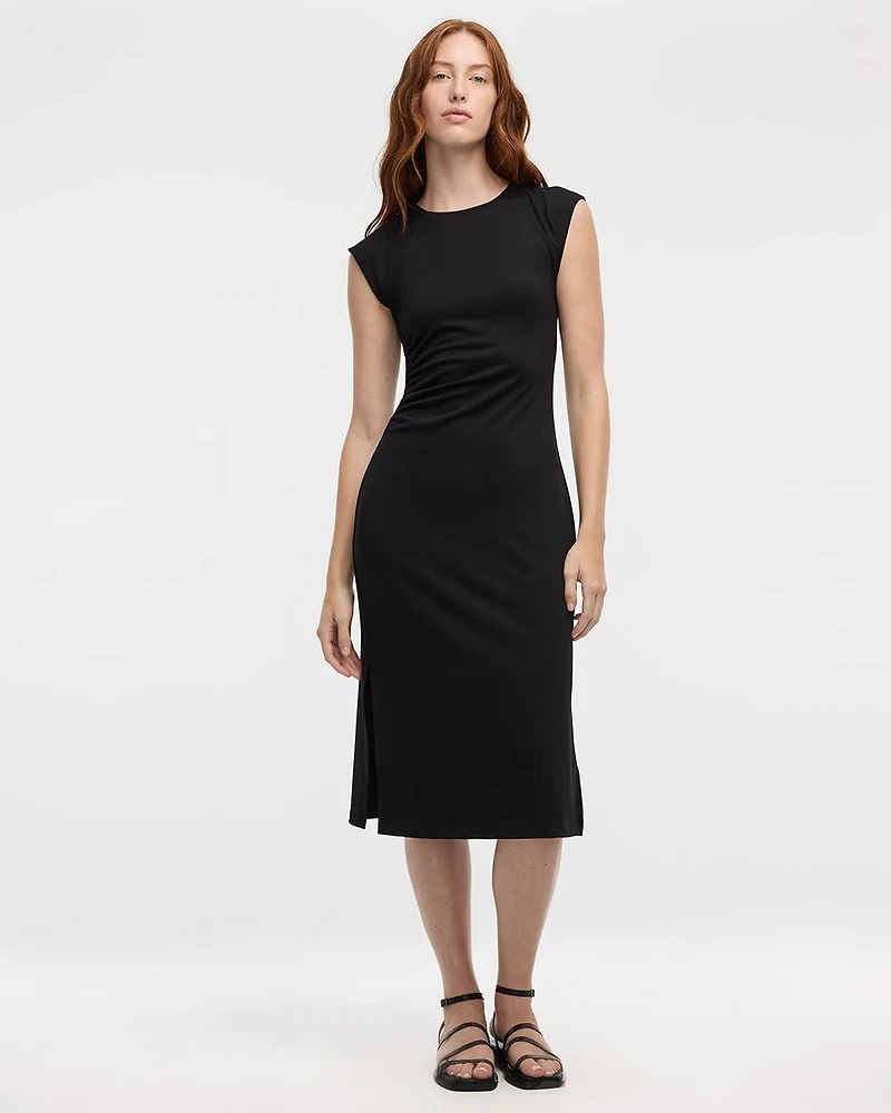 Extended-Sleeve Midi Dress with Ruched Side