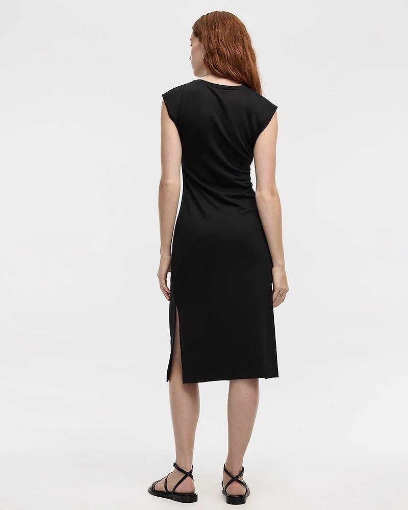 Extended-Sleeve Midi Dress with Ruched Side