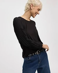 Pleated-Long-Sleeve Boat-Neck Mix-Media Top