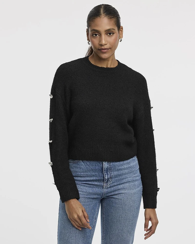Long-Sleeve Boat-Neck Sweater with Jewelled Details
