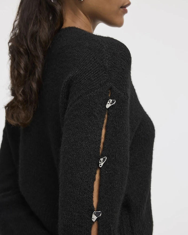 Long-Sleeve Boat-Neck Sweater with Jewelled Details