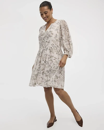 Bracelet-Sleeve Split-Neck Fit-and-Flare Dress