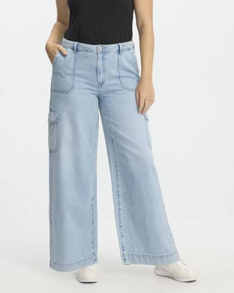Pantalon cargo en denim à jambe large et taille mi-haute