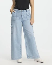 Pantalon cargo en denim à jambe large et taille mi-haute