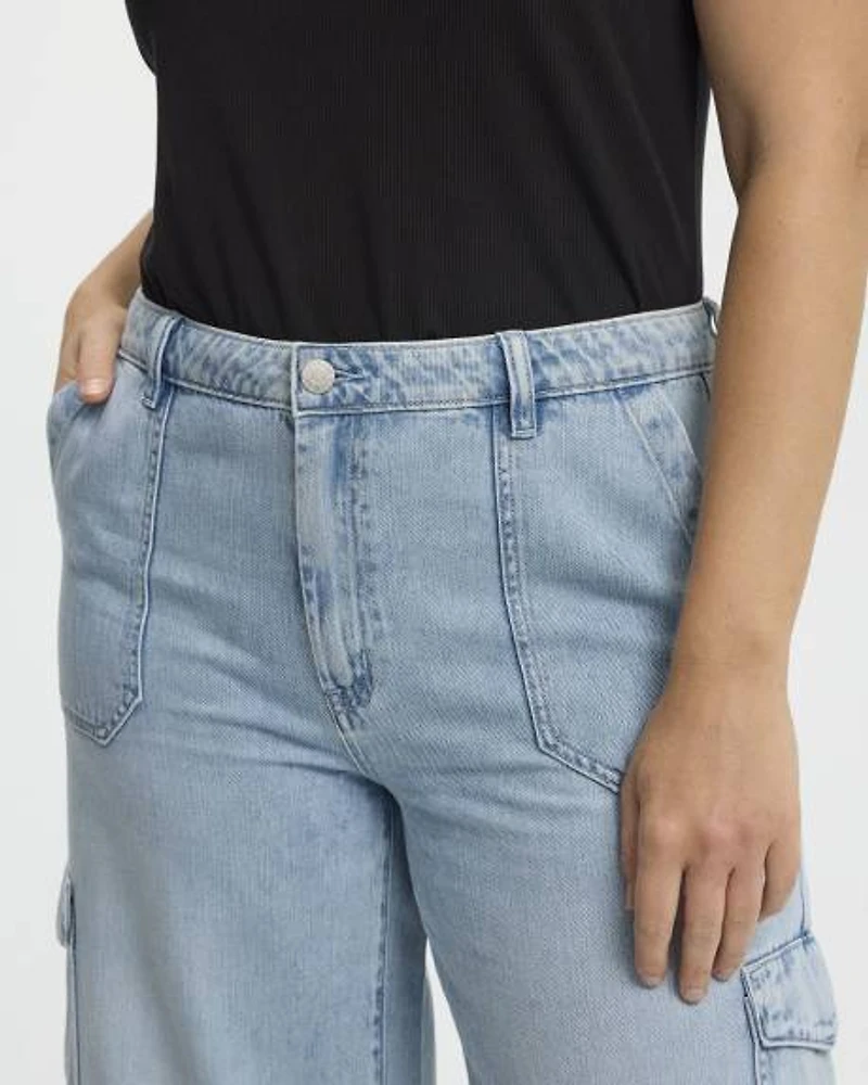 Pantalon cargo en denim à jambe large et taille mi-haute