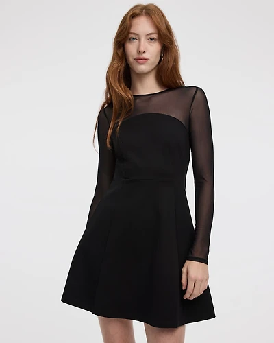 Long-Sleeve Fit-and-Flare Dress with Sheer Yoke