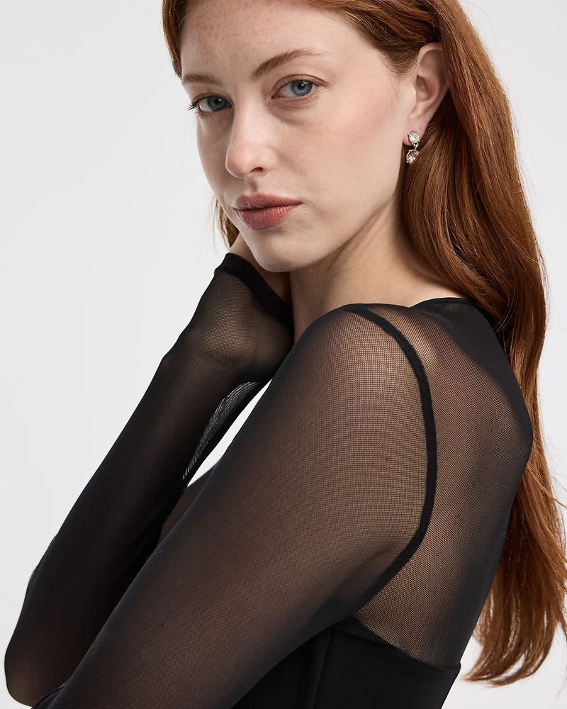 Long-Sleeve Fit-and-Flare Dress with Sheer Yoke