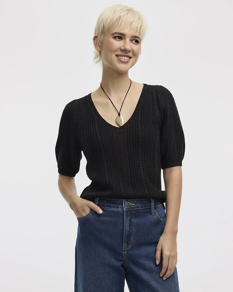 Puffy-Elbow-Sleeve V-Neck Sweater