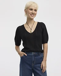 Puffy-Elbow-Sleeve V-Neck Sweater