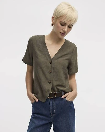 Short-Sleeve V-Neck Buttoned-Down Blouse