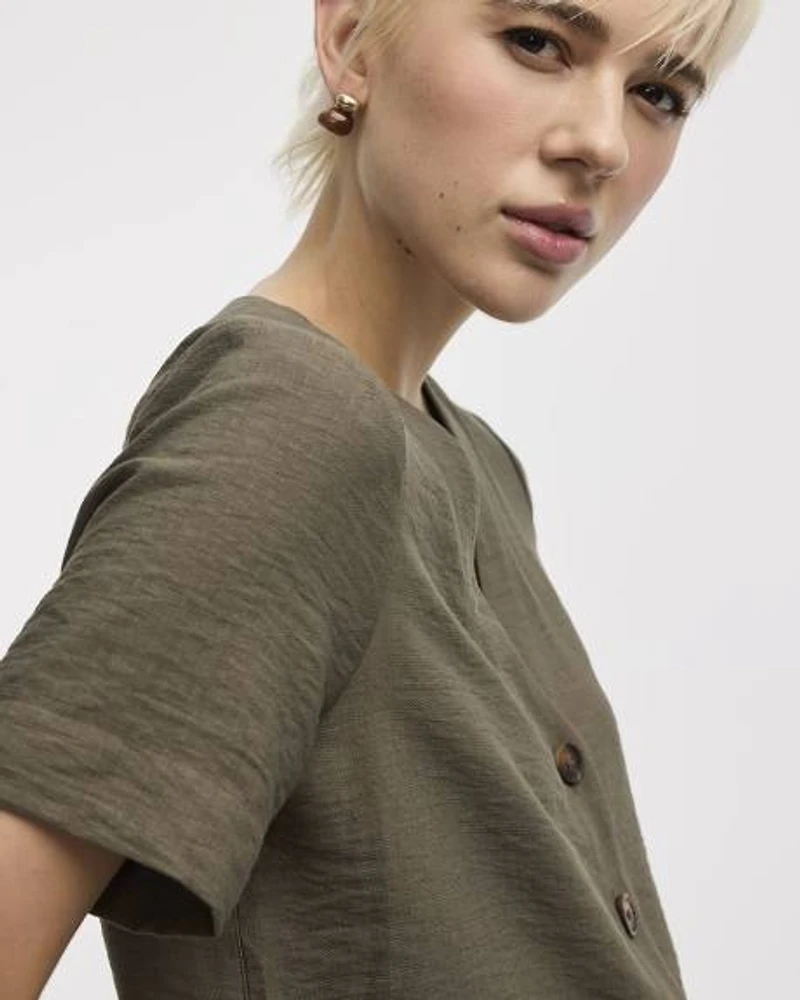 Short-Sleeve V-Neck Buttoned-Down Blouse