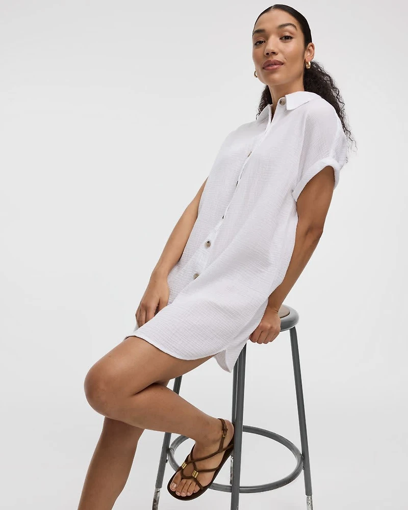 Short-Sleeve Buttoned-Down Dress with Shirt Collar