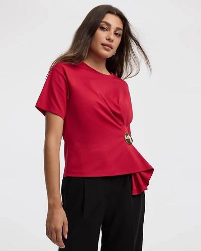 Short-Sleeve Crew-Neck Top with Cinched Waist
