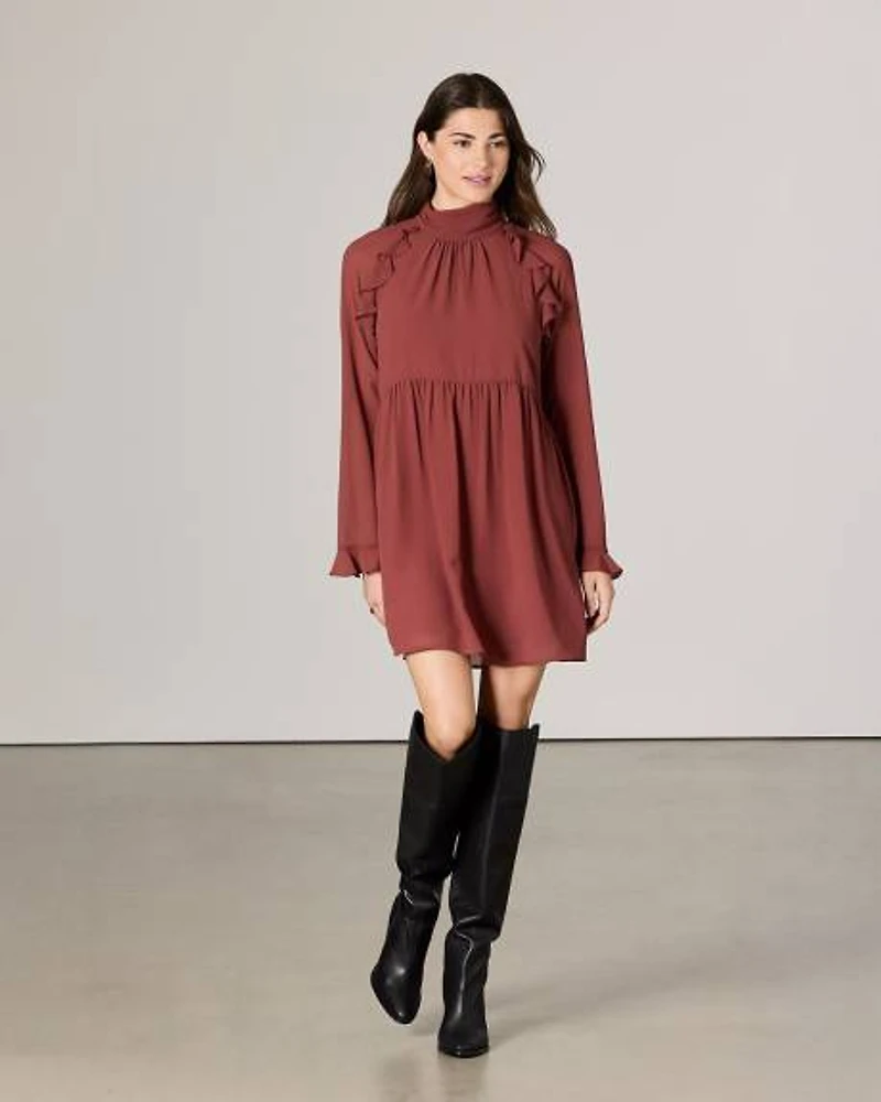 Chiffon Long-Sleeve Mock-Neck Mini Dress with Ruffles