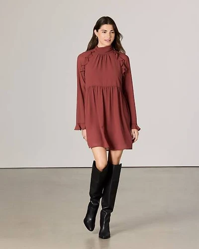 Chiffon Long-Sleeve Mock-Neck Mini Dress with Ruffles