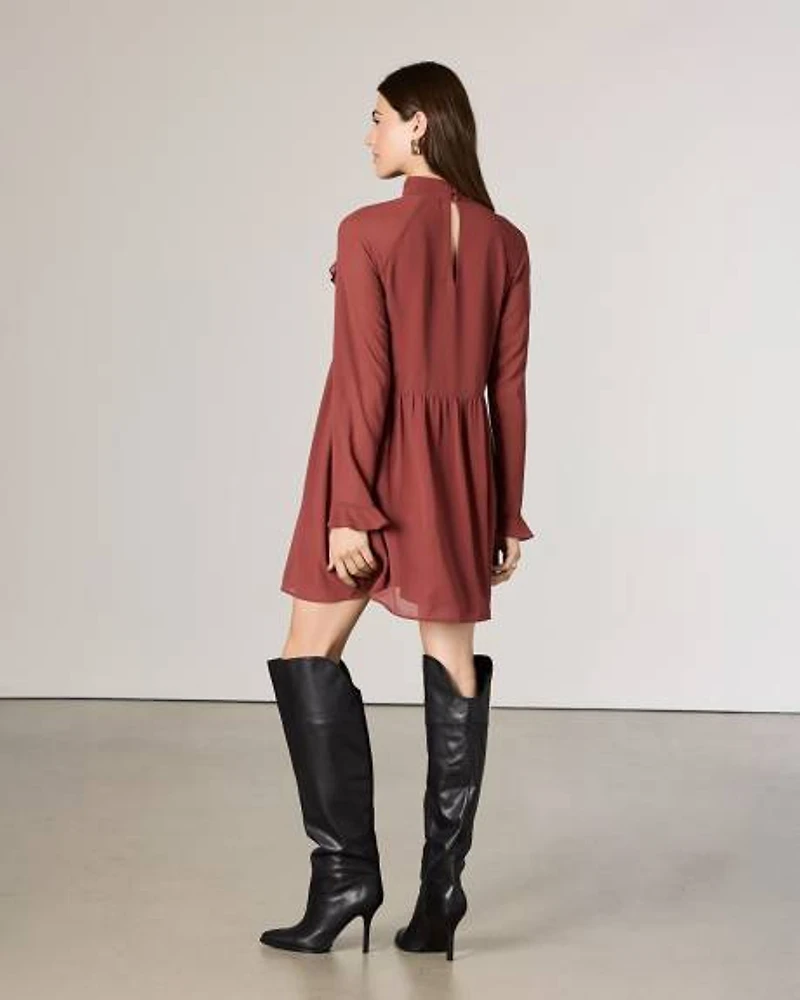 Chiffon Long-Sleeve Mock-Neck Mini Dress with Ruffles