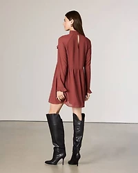 Chiffon Long-Sleeve Mock-Neck Mini Dress with Ruffles