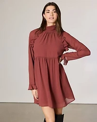 Chiffon Long-Sleeve Mock-Neck Mini Dress with Ruffles