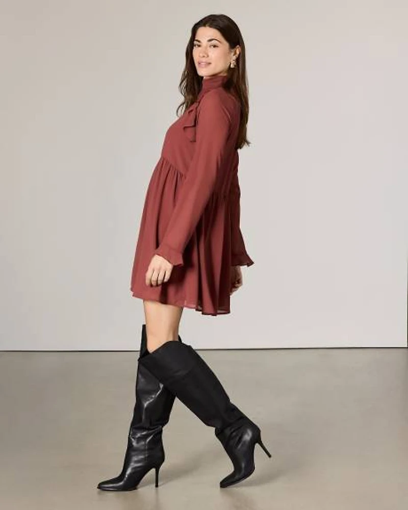 Chiffon Long-Sleeve Mock-Neck Mini Dress with Ruffles