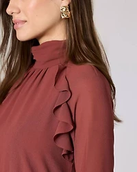 Chiffon Long-Sleeve Mock-Neck Mini Dress with Ruffles