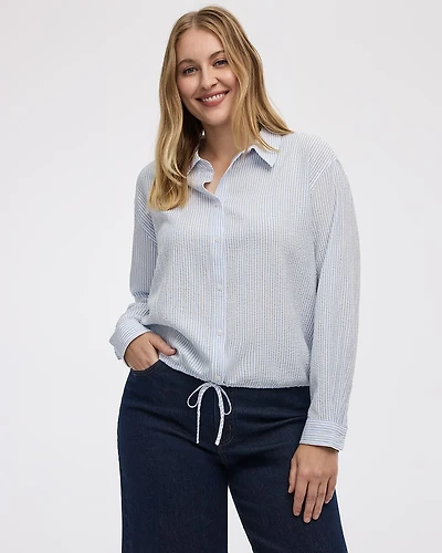 Seersucker Long-Sleeve Buttoned-Down Blouse