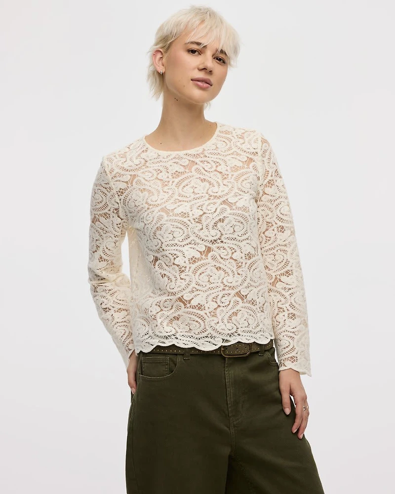 Long-Sleeve Crew-Neck Crochet Top