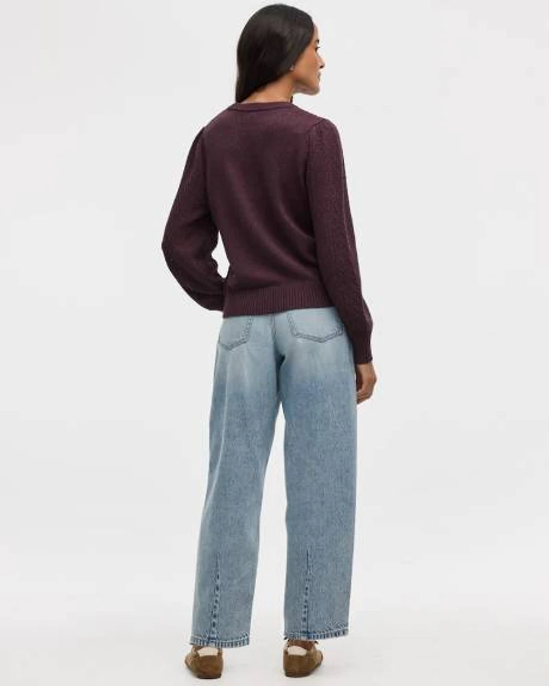 Long-Balloon-Sleeve Crew-Neck Pointelle Sweater