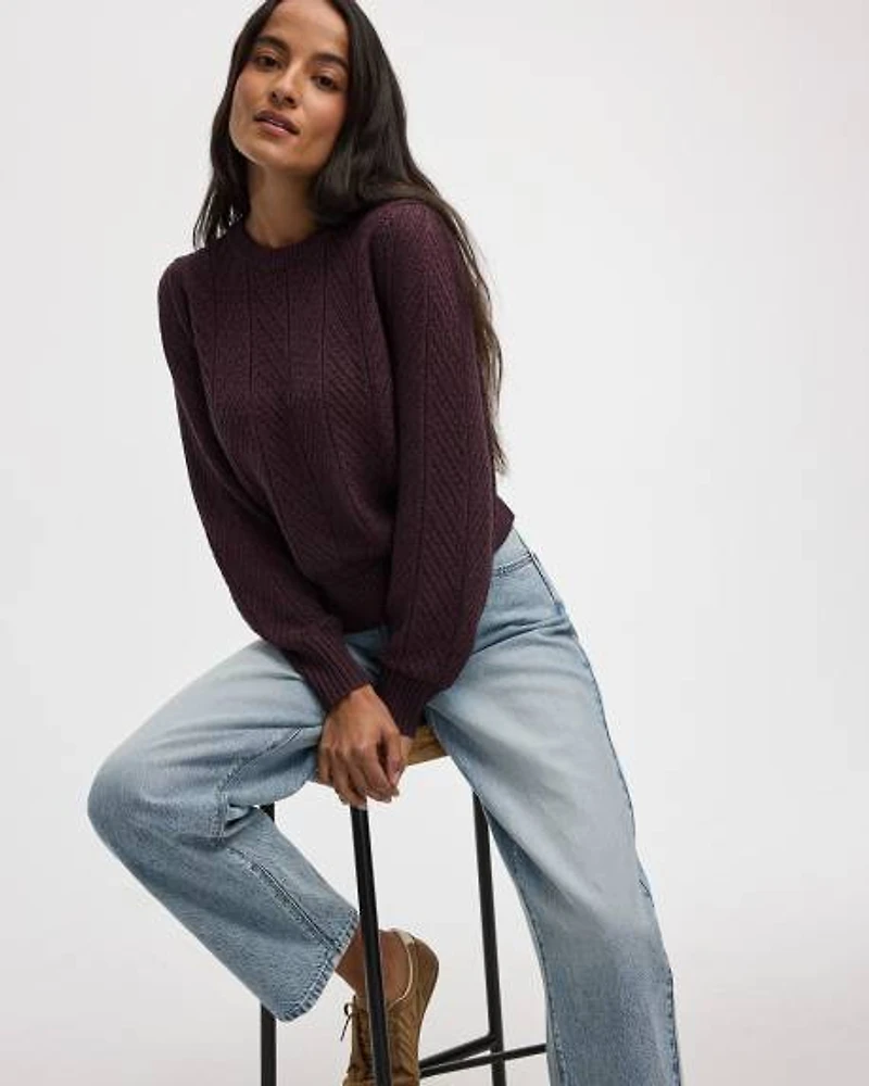Long-Balloon-Sleeve Crew-Neck Pointelle Sweater