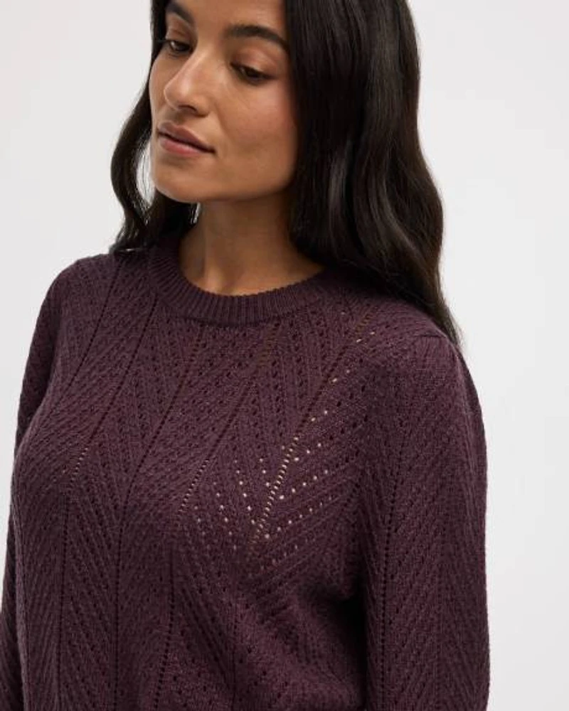 Long-Balloon-Sleeve Crew-Neck Pointelle Sweater