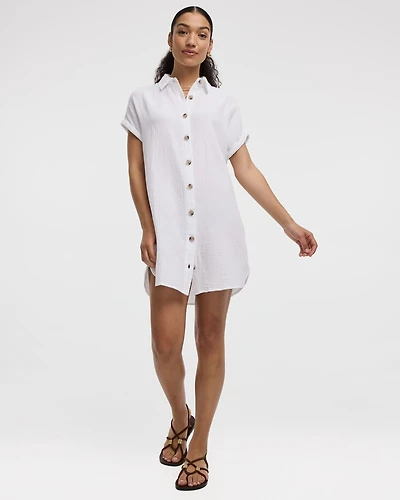 Short-Sleeve Buttoned-Down Dress with Shirt Collar