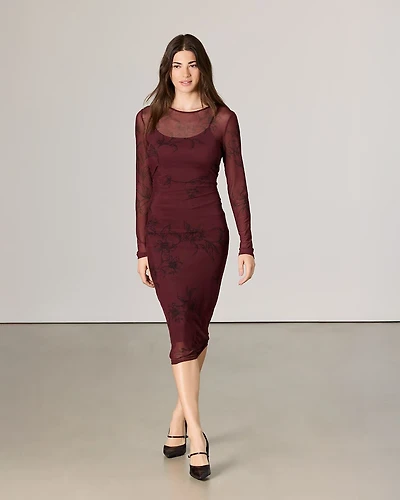 Long-Sleeve Mesh Midi Dress
