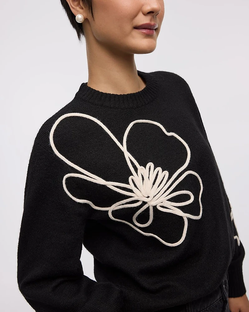 Long-Sleeve Crew-Neck Sweater with Soutache Flowers