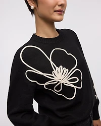Long-Sleeve Crew-Neck Sweater with Soutache Flowers