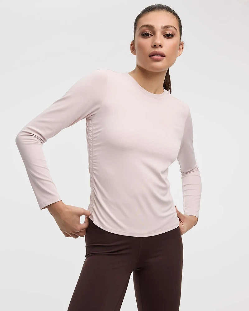 Long-Sleeve Crew-Neck Tee with Shirred Sides