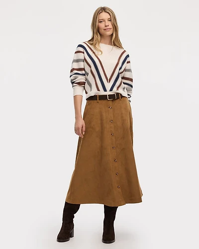 Faux-Suede A-Line Midi Skirt with Buttons