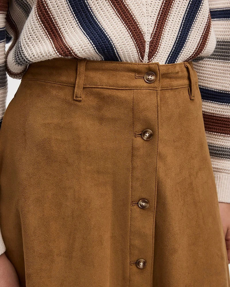 Faux-Suede A-Line Midi Skirt with Buttons
