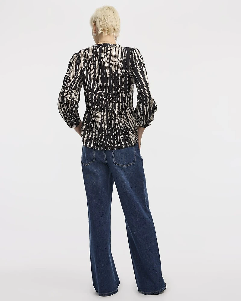 Puffy-Sleeve Split-Neck Blouse