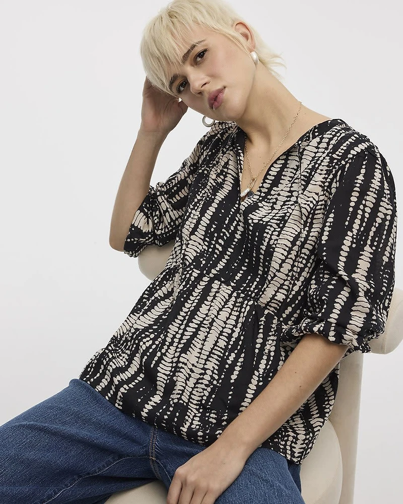 Puffy-Sleeve Split-Neck Blouse