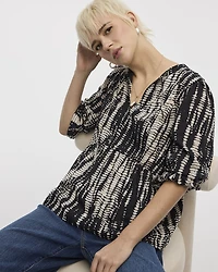 Puffy-Sleeve Split-Neck Blouse