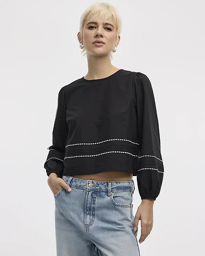 Long-Puffy-Sleeve Crew-Neck Blouse