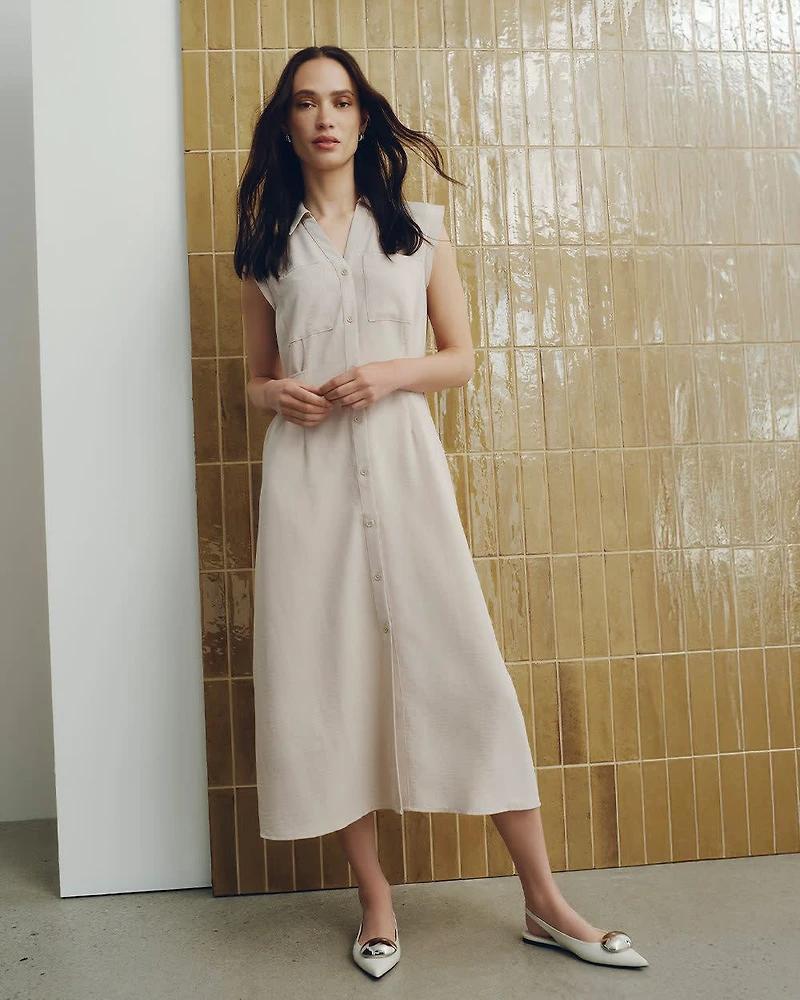 Robe midi à taille cintrée boutonner manches courtes