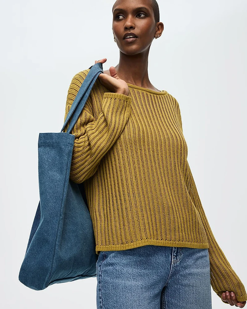 Long-Sleeve Boat-Neck Open-Stitch Pullover