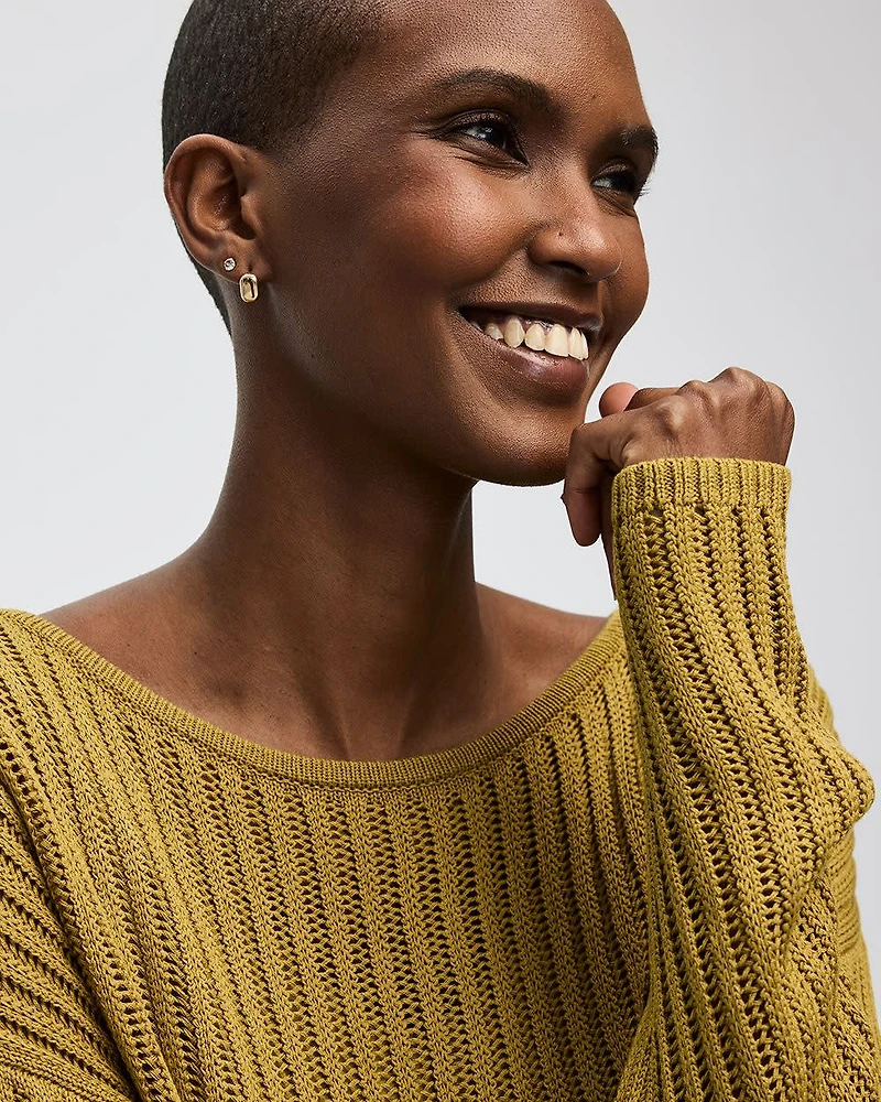 Long-Sleeve Boat-Neck Open-Stitch Pullover