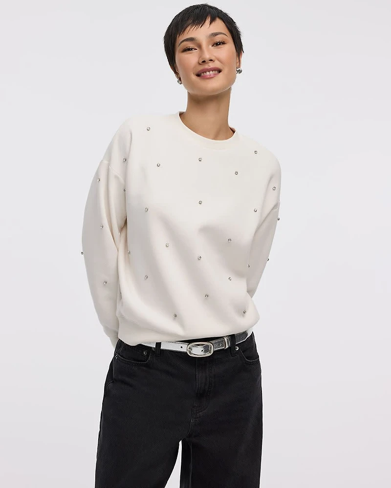 Long-Sleeve Crew-Neck Fleece Sweatshirt with Rhinestones