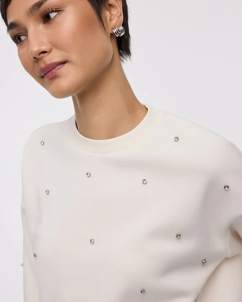 Long-Sleeve Crew-Neck Fleece Sweatshirt with Rhinestones