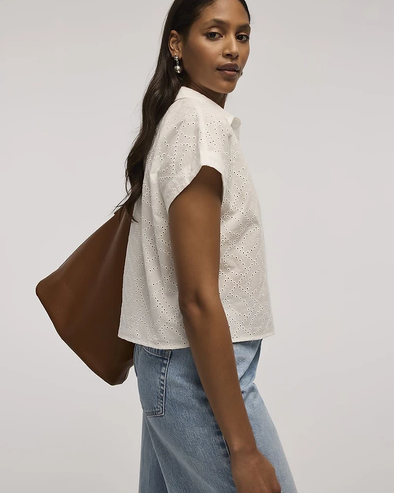 Short-Sleeve Eyelet Top with Shirt Collar
