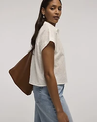 Short-Sleeve Eyelet Top with Shirt Collar