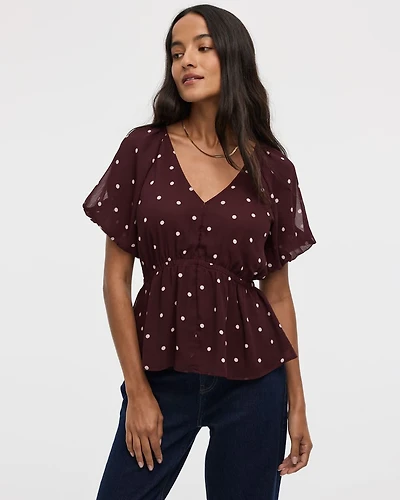 Short-Bubble-Sleeve V-Neck Blouse